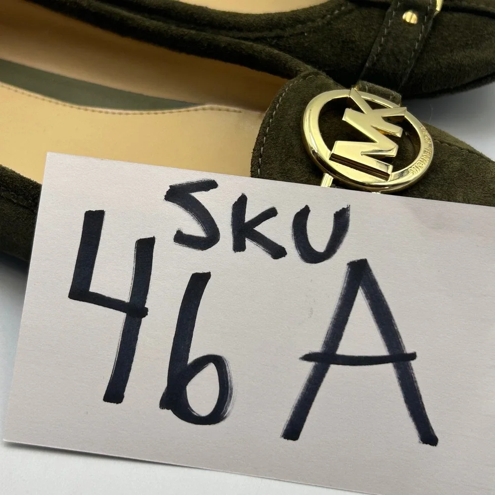Michael Kors Fulton Ballet Flats Womens 8M Olive Green Suede Gold MK Logo Preppy